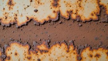 A close up of a rusty metal surface, revealing layers of corrosion and flaking paint. photo