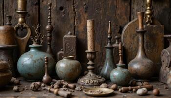 A still life of antique objects, displaying their age, patina, and historical significance. photo