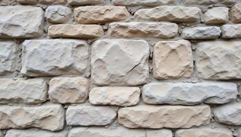 The rough surface of a stone wall, constructed with irregular blocks and weathered mortar. photo