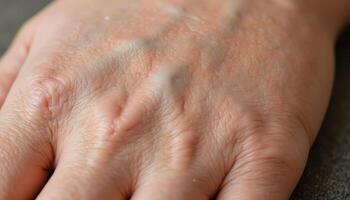 A close up of a human hand, showing the lines, wrinkles, and texture of the skin. photo