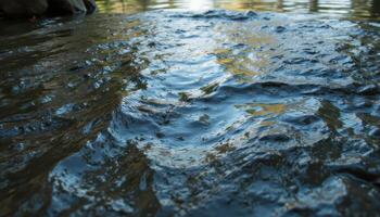 The surface of a flowing river, capturing the motion and reflections of the surrounding trees. photo