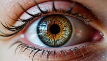 A close up of a human eye, capturing the color, texture, and reflections within the iris. photo