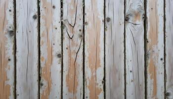 A weathered wooden fence, exhibiting cracks, splinters, and the remnants of old paint. photo