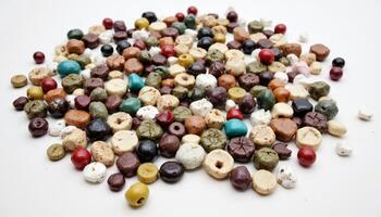 A scattering of beads, each with unique shapes, colors, and materials. photo