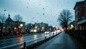 A close up of raindrops on a windowpane, distorting the view beyond and creating abstract patterns. photo