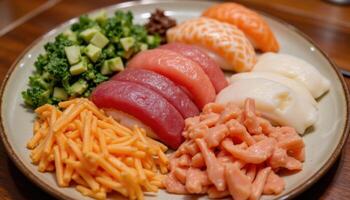 A plate of sushi artfully arranged with glistening fresh fish and wasabi. photo