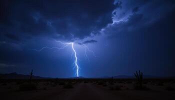 A thunderstorm over a desert landscape, lightning bolts illuminating the dark sky. photo