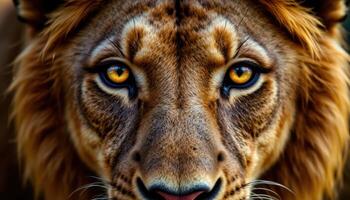 A close up of a lion's face with piercing golden eyes and a flowing mane, staring intensely. photo