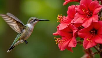 A hummingbird hovering next to a vibrant red flower, its wings frozen in motion. photo