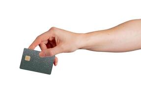 Card in hand. Customer showing plastic bank credit and debit object with sim, green gradient texture photo
