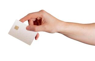Card in hand. Client showing pearlescent plastic bank credit and debit object with sim, glossy photo