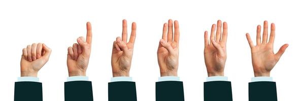 Hand showing counting sign. Business man displaying one, two, three, four, five with palm, finger, photo