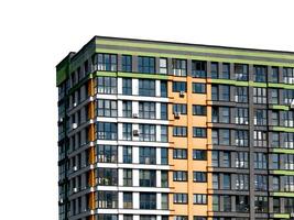 Building with modern architecture. Tall highrise condominium with multistorey facade, urban city photo