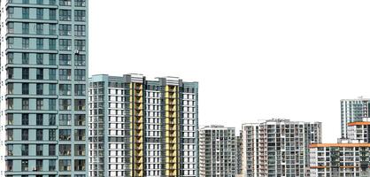 Building with modern architecture. Tall highrise apartment with multistory facade, urban housing, photo