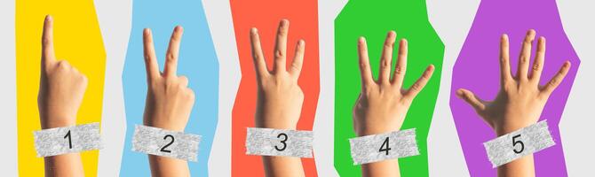 Hand showing counting gesture. Kid raising fingers to count one, two, three, four, five for math, photo