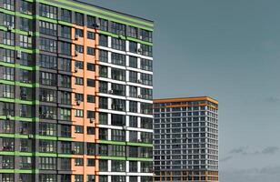Building in metropolitan city. Tall modern highrise block with condominium and housing, real estate photo