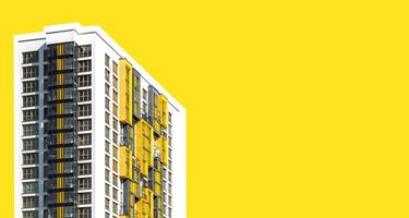 Building with modern facade. Tall highrise apartment with multistory architecture, urban downtown photo