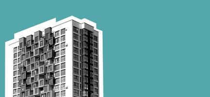 Building with tall architecture. Highrise condominium with multistory facade, downtown neighborhood, photo