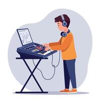 Young musician in headphones creating music on a keyboard synthesizer in a flat illustration vector