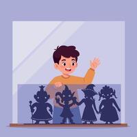A joyful boy interacting with colorful shadow puppets in a playful flat illustration depicting creativity and imagination in a whimsical setting vector