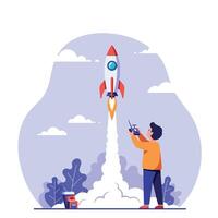 A young boy launching a colorful rocket into the sky in a whimsical flat illustration showcasing excitement and adventure in a playful outdoor setting art vector