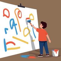 A young boy painting colorful abstract shapes on a white canvas with a bright, playful atmosphere in a flat illustration vector