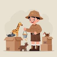 A cheerful boy in a safari outfit feeding animals from a bucket in a playful flat illustration setting with various lively creatures around him, showcasing joy and adventure in art vector