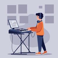 Young musician engaged in creative music production using an electronic keyboard in a modern workspace, featuring flat design style art vector