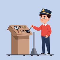 Young boy in a uniform operating a control panel with determination in a flat illustration vector