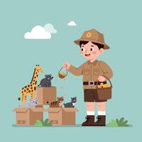 A young boy in a khaki outfit feeding animals from a basket while standing beside cardboard boxes in a playful flat illustration vector