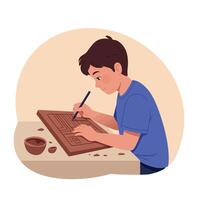 Young boy concentrating on wood carving, showcasing dedication and creativity in a minimal, flat design style, illustrated as art vector