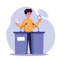 Young man confidently presenting at a podium while holding a tablet and a stopwatch in a flat art style vector