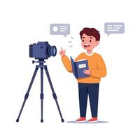 A cheerful boy reading a book while engaging with a camera on a tripod in a minimal flat illustration vector