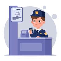 Customs officer in blue uniform at inspection desk with serious expression, minimal illustration showcasing authority and vigilance in a travel context vector
