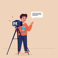 Young man presenting in front of a camera on a tripod, showcasing a friendly demeanor in flat illustration vector