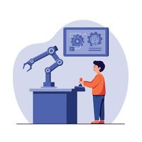 Young boy interacting with robotic arm at workstation, showcasing innovation in technology, flat illustration vector