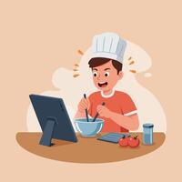 A young boy in a chef hat joyfully mixing ingredients in a bowl while following a recipe on a tablet, flat illustration vector