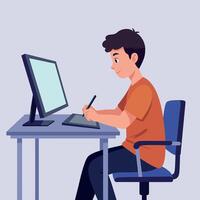 Young man engaged in digital drawing at a desk with a tablet and monitor in flat art vector