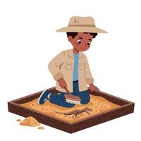 A young boy enthusiastically excavating a dinosaur fossil in a sandbox, showcasing a cheerful expression in a flat illustration vector