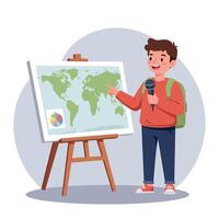 A young boy with a backpack presenting a world map on an easel in a flat illustration showcasing education and enthusiasm during a school presentation. vector