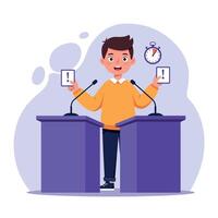 Young boy enthusiastically presenting at a debate podium with timer and warning signs in a playful flat illustration vector