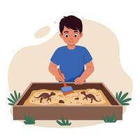 Young boy enthusiastically uncovering dinosaur fossils in a sandbox, colorful and playful design style, engaging in a fun educational activity, illustration vector
