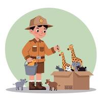 A young zookeeper in a brown uniform gently cares for playful animals with a cheerful expression in a flat illustration vector