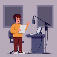 A young man recording a podcast in a cozy studio with headphones and microphone in a flat design art vector