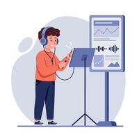 Young boy with headphones enjoying music while analyzing digital graphs on a tablet, flat illustration vector