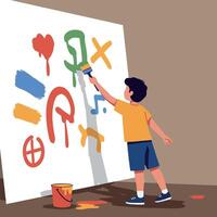 Young boy creatively painting colorful shapes on a large canvas in a flat art style, showcasing joy and imagination in a playful setting vector
