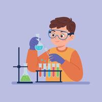 A young boy wearing safety goggles conducts an experiment with colorful liquids in a laboratory setting, showcasing a flat design style in art vector