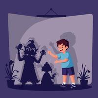 A boy joyfully interacting with shadow puppets in a playful scene, showcasing colorful silhouettes in a flat illustration vector
