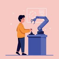A young boy operating a robotic arm at a control panel in a minimal and colorful design art vector