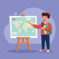 A young boy enthusiastically presenting a world map on an easel in a colorful classroom setting, showcasing his excitement in a flat illustration vector